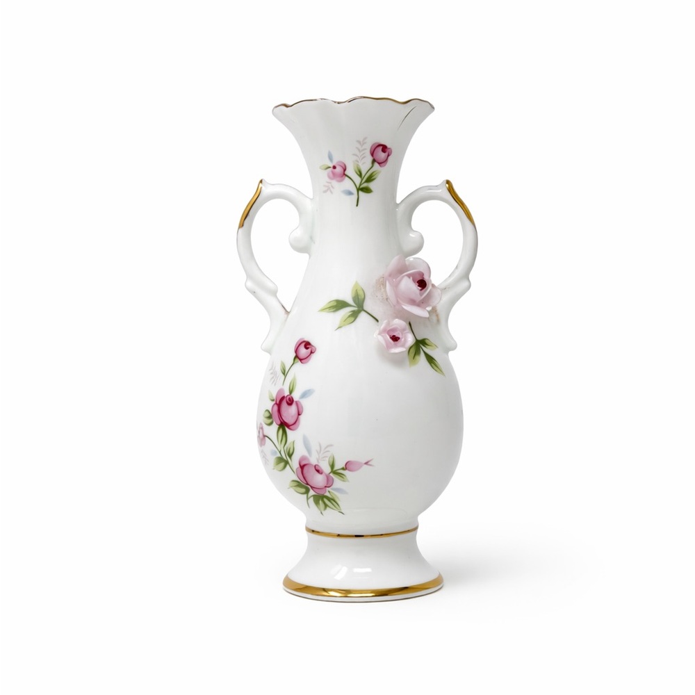 Towle Bone China Bud Vase Pink Roses Gold Trim Double Handle Vintage